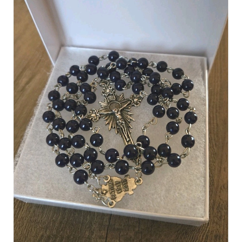 VTG Silver Tone Indigo Glass Bead Crucifix Rosary Religious Fatima 1917-2017